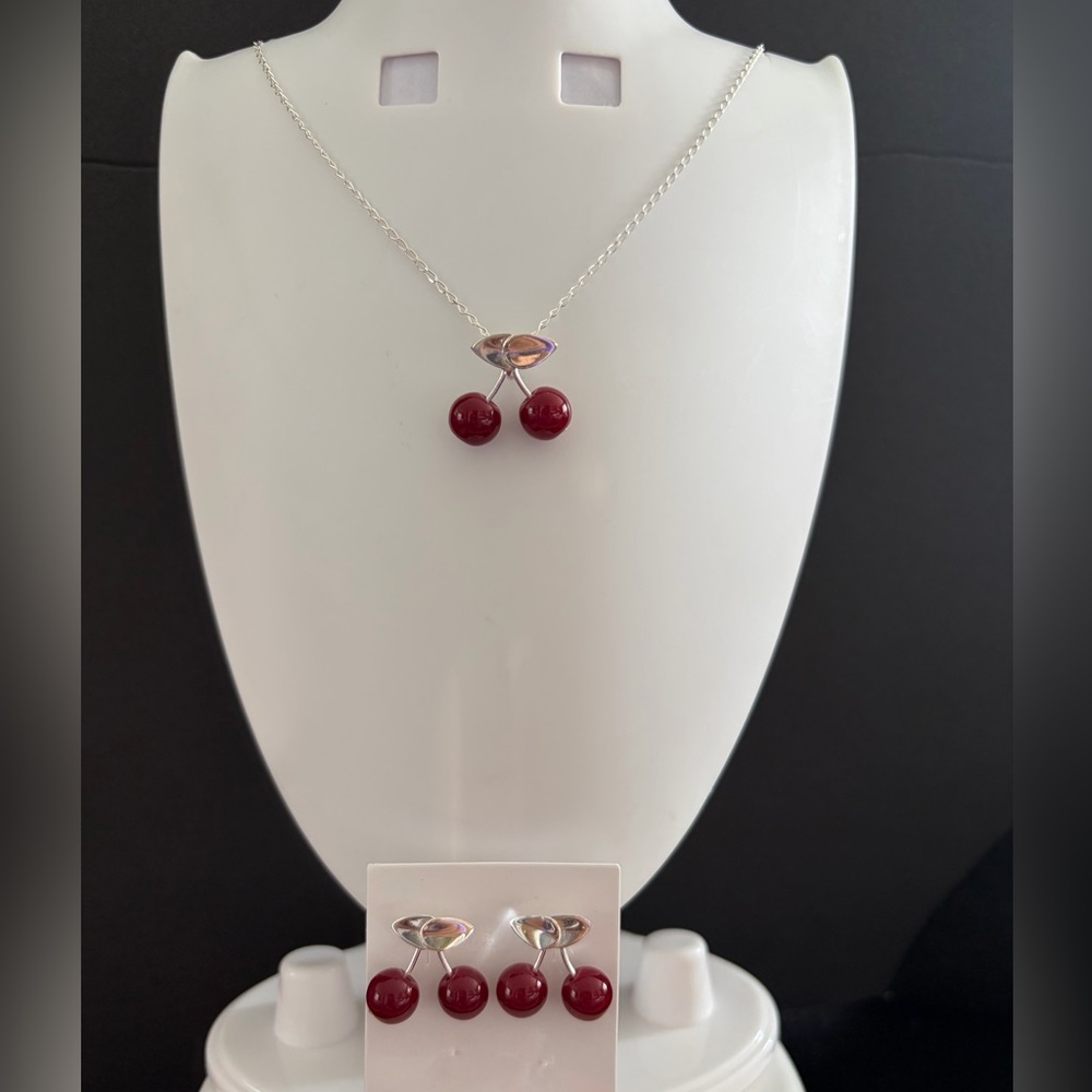Sterling Silver 925 Cherry Necklace and Earrings Set,ágata stone